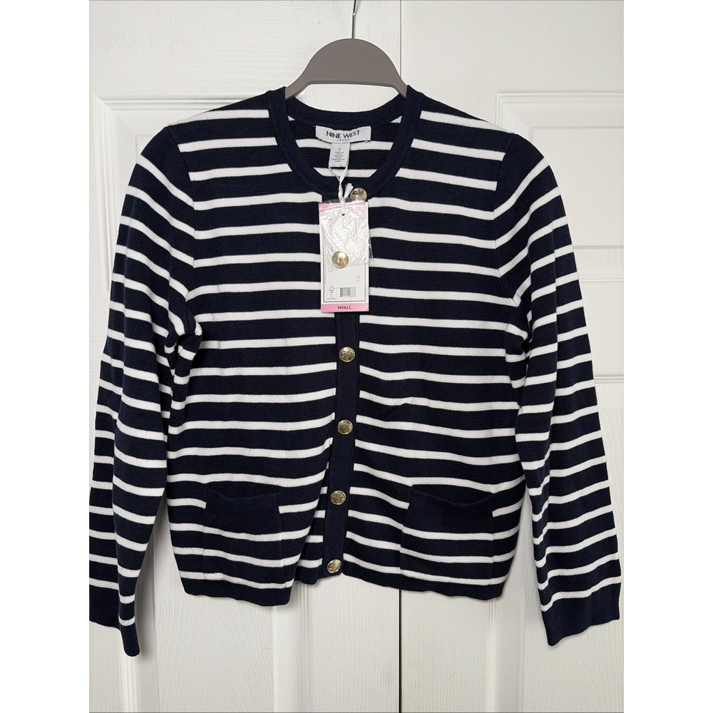 Nine West Jeans Striped Button Front Cardigan Womens Size S Navy White Gold Knit